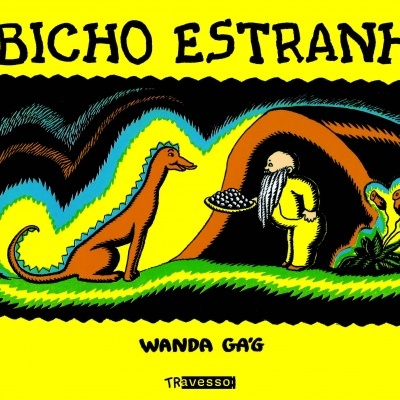 Capa de livro amarelo com ilustração de um cão e uma figura humana e o título O BICHO ESTRANHO