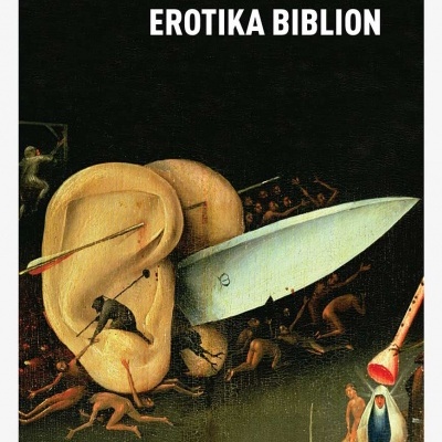 Capa de livro com arte surrealista de orelhas e faca com texto branco no fundo preto.