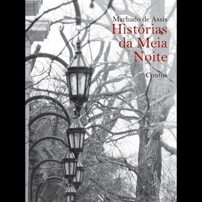 Capa de livro com candeeiros de rua e árvores em preto e branco e texto vermelho e preto