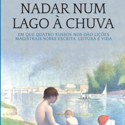 Capa do livro 'NADAR NUM LAGO À CHUVA' com ilustração naturalista de pessoas em lago sob chuva