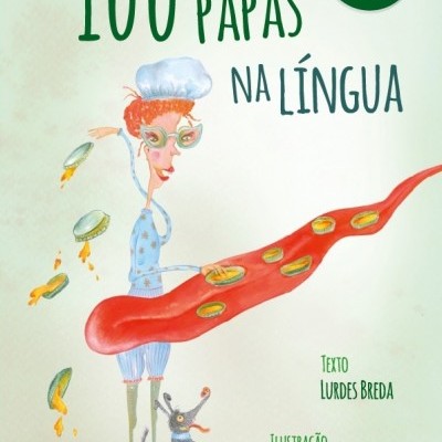 Capa de livro ilustrada com mulher caricatural e texto '100 PAPAS NA LÍNGUA'