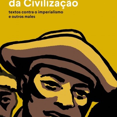 Capa de livro 'As Bênçãos da Civilização' de Mark Twain, fundo amarelo e ilustração de rosto com chapéu