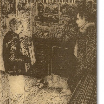 Capa de livro com ilustração de loja tradicional e texto Vítor Nogueira Comércio Tradicional