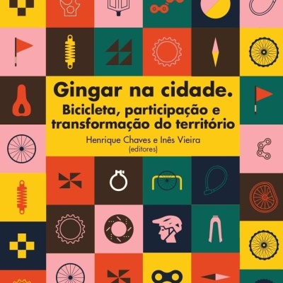 Capa de livro com texto e ícones de bicicleta coloridos