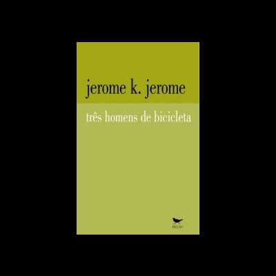 Capa de livro verde com texto 'jerome k. jerome três homens de bicicleta' e logotipo de pássaro
