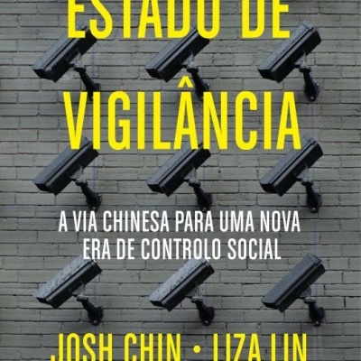 Capa de livro com câmaras de vigilância e texto em amarelo e branco