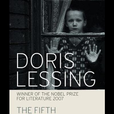 Capa de livro com criança atrás de janela e texto Doris Lessing The Fifth Child