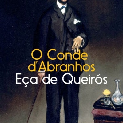 Capa do livro O Conde d'Abranhos de Eça de Queirós com pintura de homem de preto e mesa com jarra