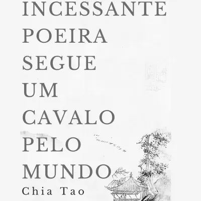 Capa de livro com texto e ilustração a tinta preta de paisagem oriental