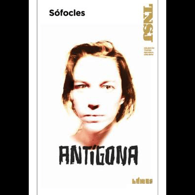 Capa de livro branco com rosto de pessoa e textos Sófocles, ANTÍGONA e LÍMUS