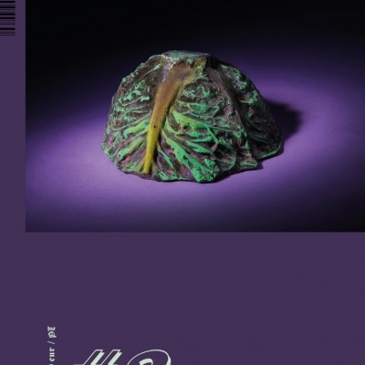 Escultura de couve verde e castanha sobre fundo roxo com texto 'Contemporânea' e '#3'