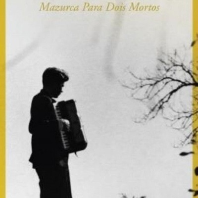 Capa de livro branco com bordas amarelas, título e autor, e imagem em silhueta de pessoa com acordeão