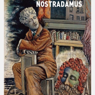 Capa de livro Alberto Savinio NOSTRADAMUS com ilustração surreal de figura masculina e cabeça escultórica.