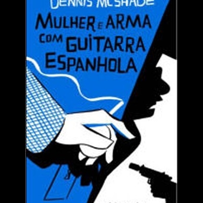 Capa de livro com título, ilustração de guitarra e arma