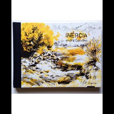 Capa de livro artística com paisagem natural em amarelo e preto e texto INÉRCIA André Carrilho.