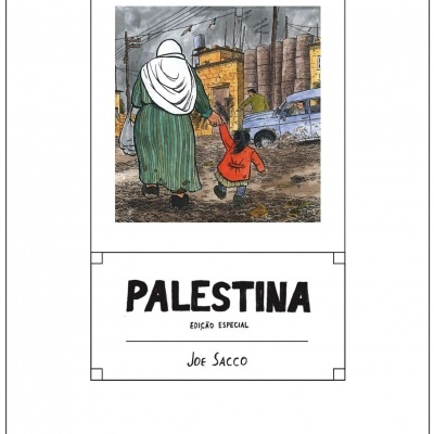 Capa do livro Palestina Edição Especial de Joe Sacco com ilustração de mulher e criança num cenário urbano
