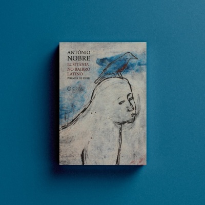 Livro António Nobre Lusitânia no Bairro Latino com ilustração de figura humana e pássaro azul