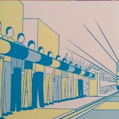 Desenho de várias pessoas em fila com tubo azul e amarelo, texto Viagem no topo.