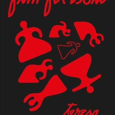 Design gráfico com texto vermelho e figuras abstratas numa página negra