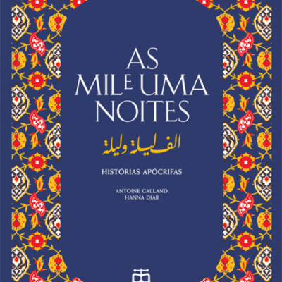 Capa de livro 'As Mil e Uma Noites' com padrão floral colorido e texto em português e árabe