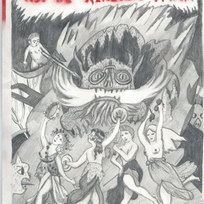 Desenho a lápis com figuras femininas a dançar e rosto monstruoso, texto em vermelho no topo