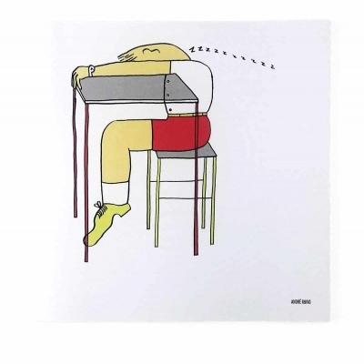 Ilustração de pessoa a dormir numa secretária com zzzs ao lado, em fundo branco