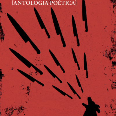 Capa de livro vermelha com cão preto e facas negras, título em branco