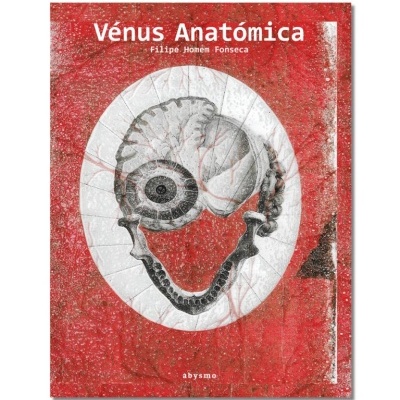 Capa de livro vermelha com desenho anatómico e texto