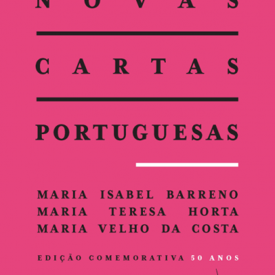 Capa de livro rosa com texto preto e branco, título Novas Cartas Portuguesas