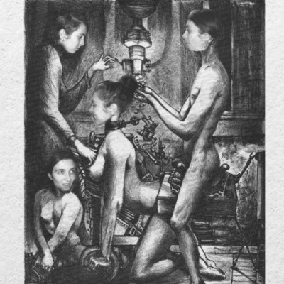 Capa de livro com ilustração de quatro mulheres nuas em interior escuro e texto