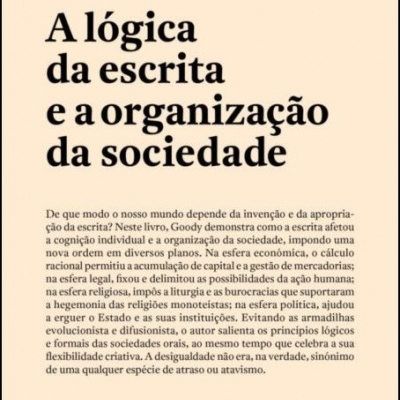Capa de livro A lógica da escrita e a organização da sociedade de Jack Goody em fundo bege com texto explicativo e logo 70