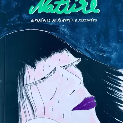 Capa de livro com ilustração estilizada de rosto feminino e texto verde e branco