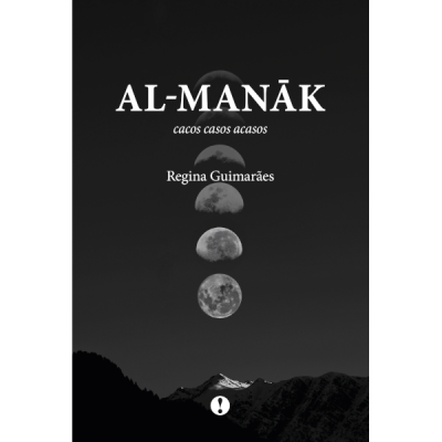 Capa de livro com fases da lua e texto em branco sobre fundo preto e montanhas escuras.