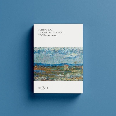 Livro de poesia de capa branca com paisagem pintada e texto FERNANDO DE CASTRO BRANCO POESIA (2001-2016)