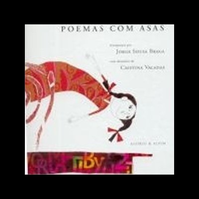 Capa de livro com título Poemas com Asas e ilustração abstrata em vermelho e branco