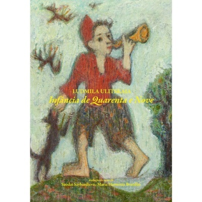 Capa de livro com ilustração de menino a tocar corno, texto de título em amarelo e branco