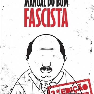 Capa de livro Manual do Bom Fascista com ilustração de homem careca e selo vermelho