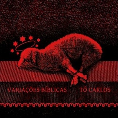 ovelha deitada amarrada com aureola em vermelho sobre fundo preto com texto