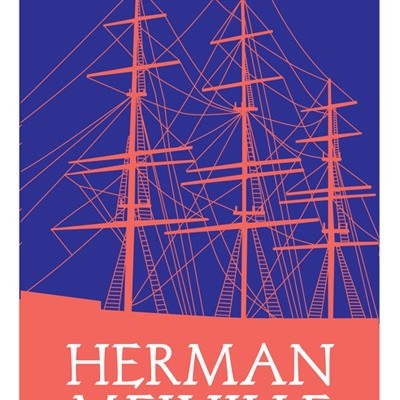 Capa de livro azul e rosa com ilustração de veleiro e texto de Herman Melville