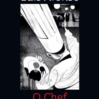 Capa de livro O Chef de Luís Afonso com ilustração de chef de costas e texto no fundo preto