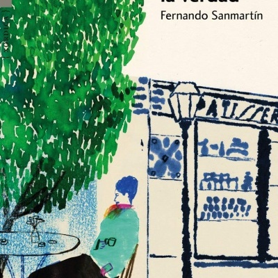 Capa de livro com ilustração de pessoa sentada sob árvore ao lado de mesa e estrutura de loja azul