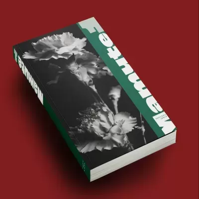 Livro com capa verde escuro com texto branco e flores a preto e branco sobre fundo vermelho.