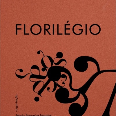 Capa de livro com título FLORILÉGIO e ilustração abstrata preta em fundo terracota