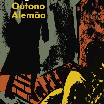 Capa de livro Outono Alemão com ilustração de figuras humanas em tons escuros e texto em branco e amarelo