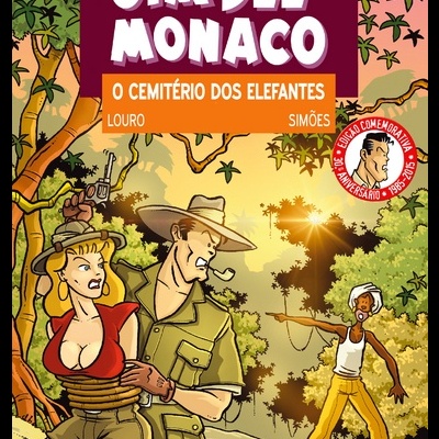 Capa do livro 'Jim Del Monaco: O Cemitério dos Elefantes' com ilustração em selva de personagens em ação