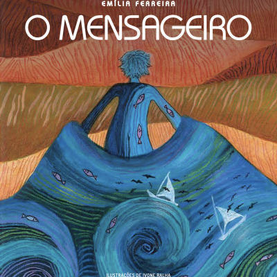 Capa do livro O Mensageiro com ilustração de figura azul e mar em espiral com barcos