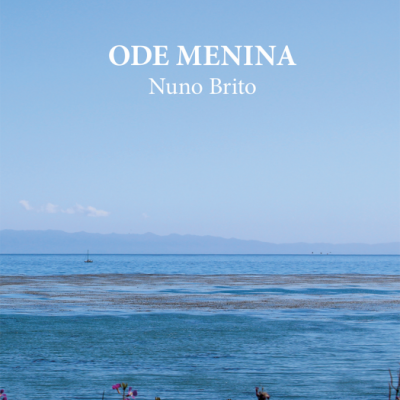 Capa de livro com céu azul, mar e flores roxas, texto ODE MENINA Nuno Brito
