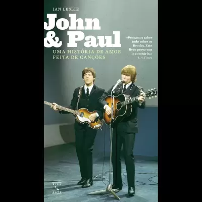 Capa do livro John & Paul com músicos em palco a tocar guitarra