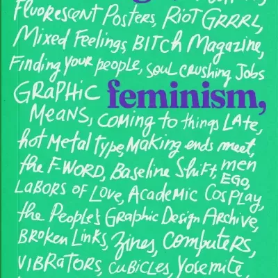 Capa de livro verde com texto roxo e branco, título e lista manuscrita de temas.