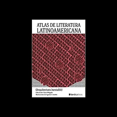 Capa do livro Atlas de Literatura Latinoamericana com padrão vermelho e preto e texto em preto sobre fundo branco